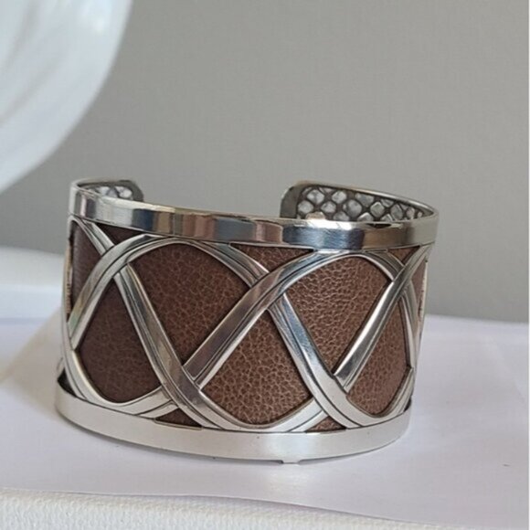 Vintage Brighton Boho Western Wide Chunky Leather Silver Tone Open Cuff Bracelet - Picture 3 of 15
